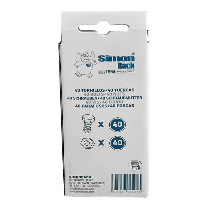 Simonrack Juego de tornillos y tuercas - 40 pzs. - Embalaje blanco de Simon Rack, con iconos de 40 tornillos y 40 tuercas.
