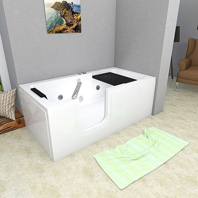 AcquaVapore Badewanne Fertigdusche S15WP-L - 150 x 75 cm, Acryl, Weiß - Weiße barrierefreie Badewanne mit integriertem schwarzem Sitz und Chromarmatur für einfachen Zugang.