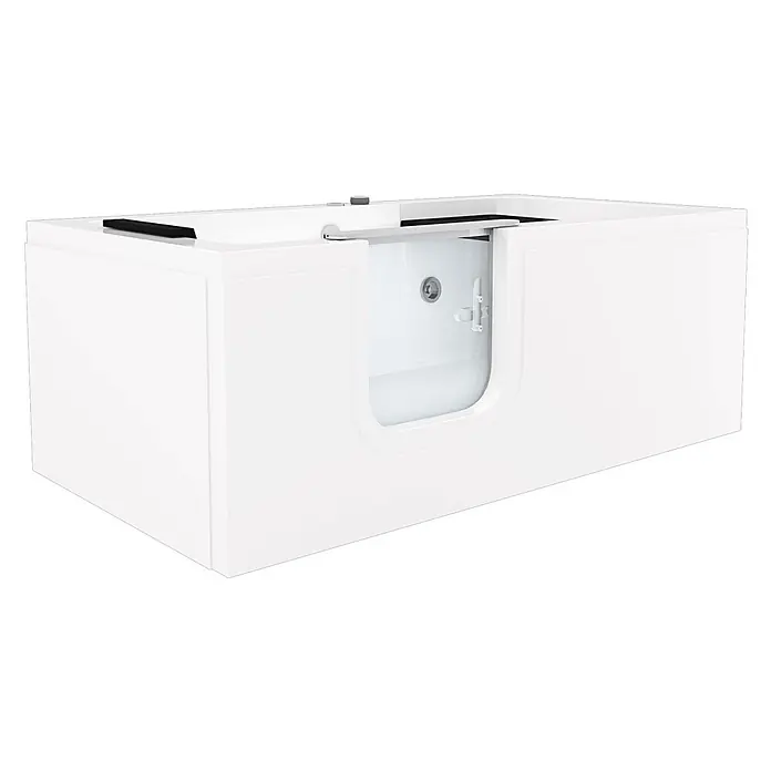 AcquaVapore Badewanne Fertigdusche S15WP-L - 150 x 75 cm, Acryl, Weiß - Weiße Badewanne mit Einstieg, ausgestattet mit klarer, niedriger Tür für einfachen Zugang und schwarzer Kopfstütze.