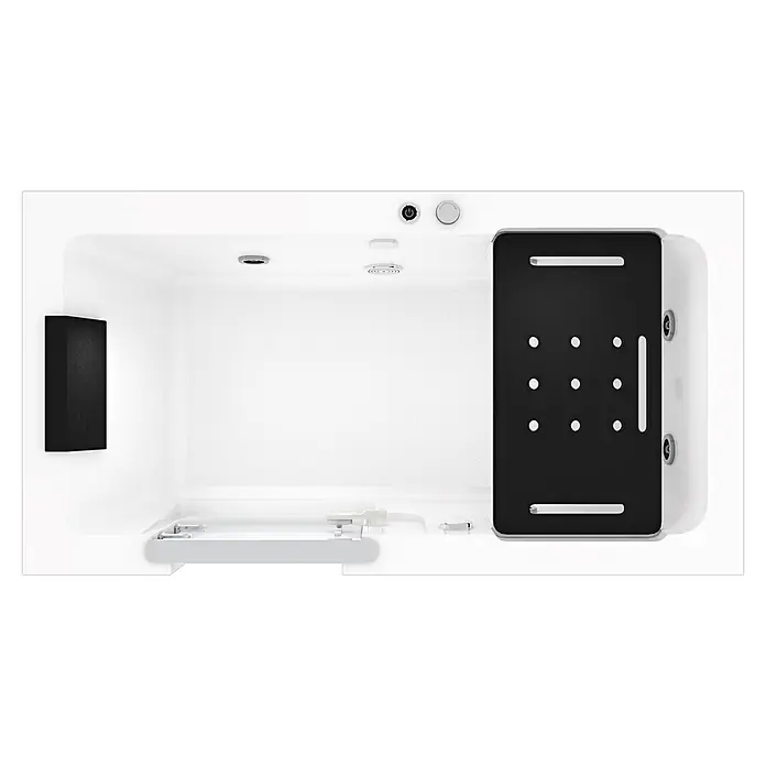AcquaVapore Badewanne Fertigdusche S15WP-L - 150 x 75 cm, Acryl, Weiß - Weiße Walk-in-Badewanne oder Duschwanne mit schwarzer Tür, Bedienfeld und Kopfstütze. Integrierte Düsen und Bedienelemente.