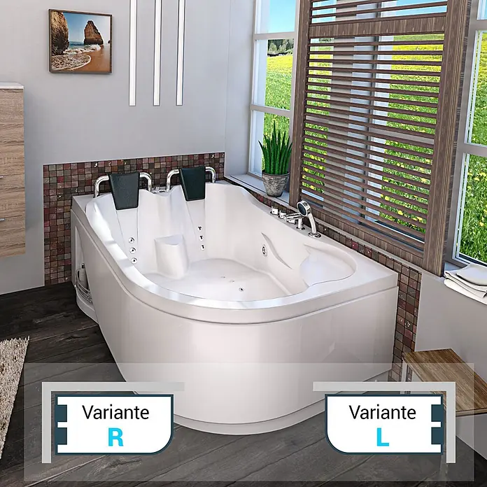AcquaVapore Badewanne Fertigdusche W23H-TH-R - Acryl, Weiß - Weiße Eck-Whirlpool-Badewanne mit schwarzen Kopfstützen, Wasserdüsen und integrierter Duschbrause.