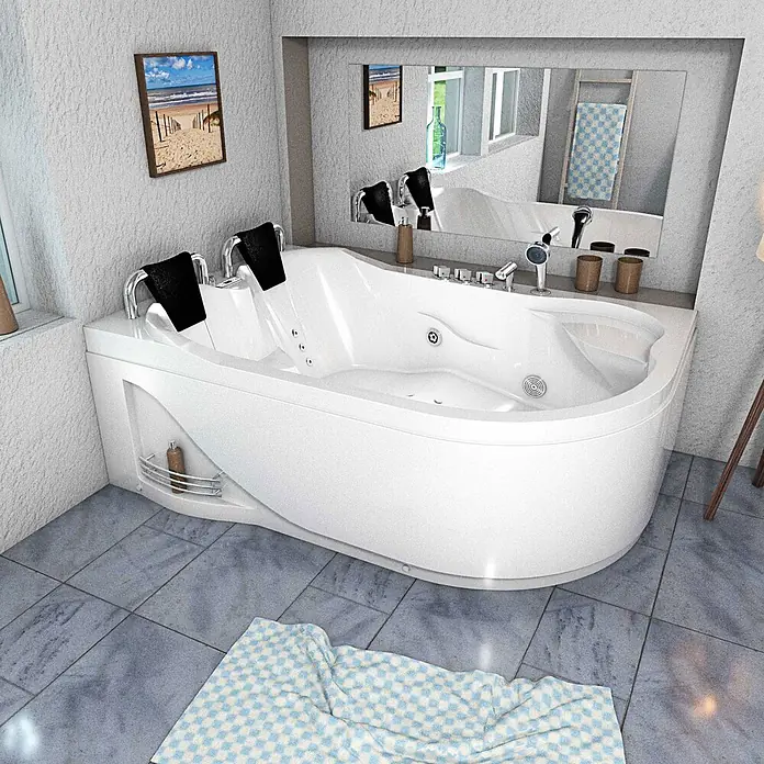 AcquaVapore Badewanne Fertigdusche W23H-TH-R - Acryl, Weiß - Weiße Eck-Hydromassage-Badewanne mit schwarzen Kopfstützen, geräumiges Design für zwei Personen im modernen Badezimmer.