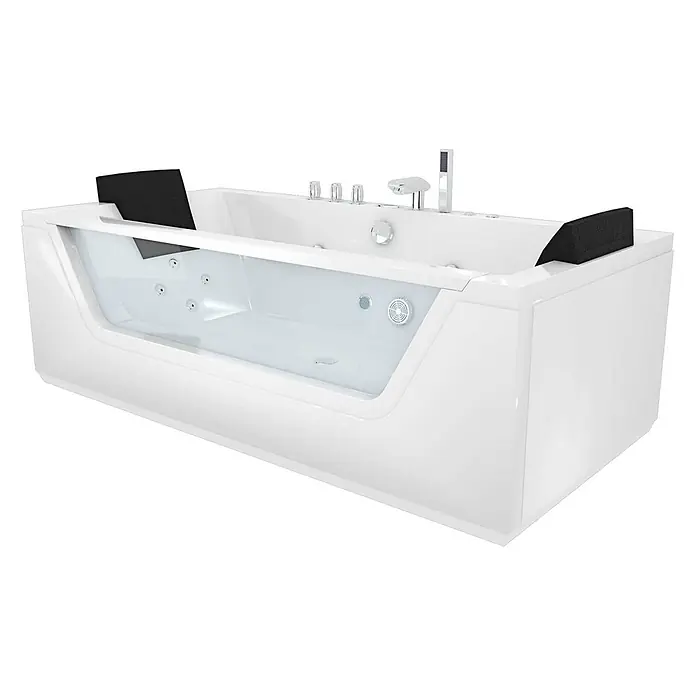AcquaVapore Badewanne Fertigdusche W83R-A-SC - Acryl, Weiß - Weiße Whirlpool-Badewanne mit transparentem Sichtfenster und schwarzen Kopfstützen, mit Chromarmaturen.