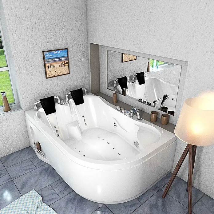 AcquaVapore Badewanne Fertigdusche W23H-TH-R - Acryl, Weiß - Große weiße Whirlpool-Badewanne mit schwarzen Kopfstützen in einem modernen Badezimmer.