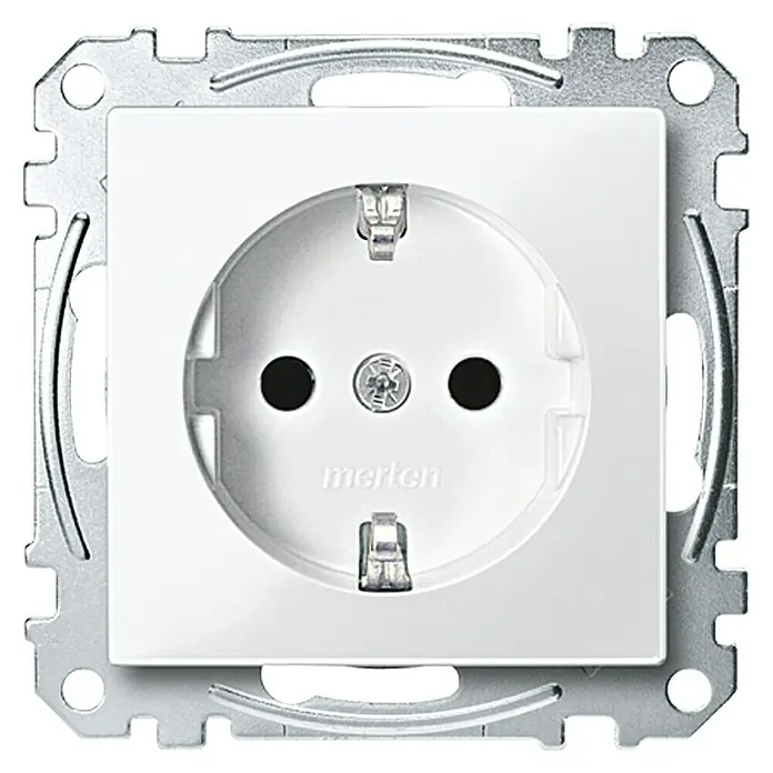 Merten 1-M Steckdose MEG2300-0319 - Polarweiß, Hochglänzend, Kunststoff, Unterputzmontage - Eine Merten Schuko Steckdose in Weiß mit silberfarbenem Rahmen, ideal für den modernen Haushalt und einfache Installation.