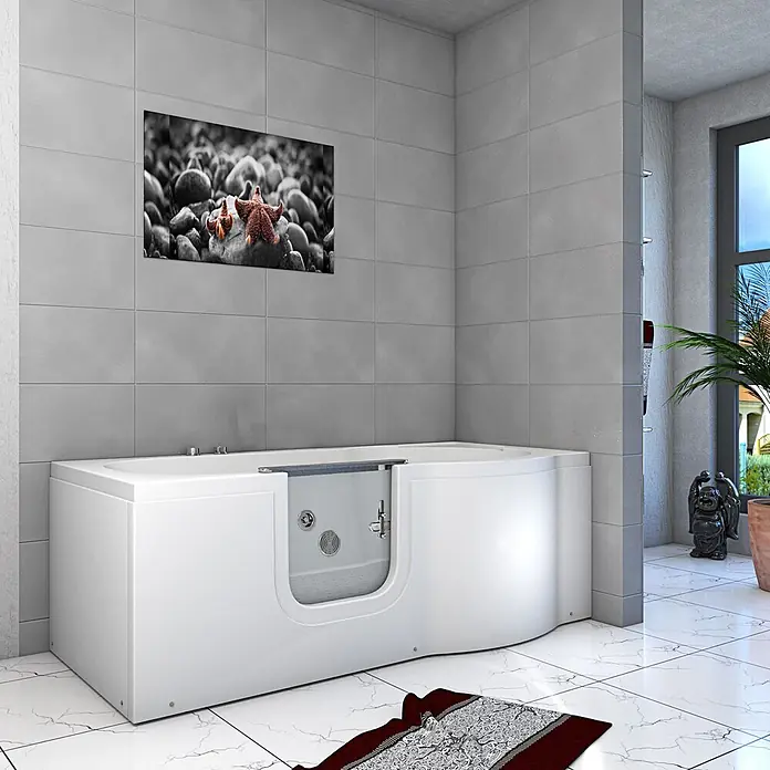 AcquaVapore Badewanne Fertigdusche S12-WP-L - 170 x 85 cm, Acryl, Weiß - Weiße Einstiegsbadewanne mit integrierter Tür für einfachen Zugang, in einem modernen Badezimmer.