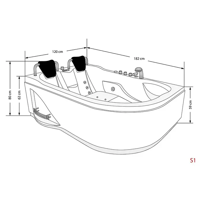 AcquaVapore Badewanne Fertigdusche W23H-R - Acryl, Weiß - Weiße Doppel-Badewanne mit schwarzen Kopfstützen, Armaturen und Bemaßungen (182x120x80 cm).