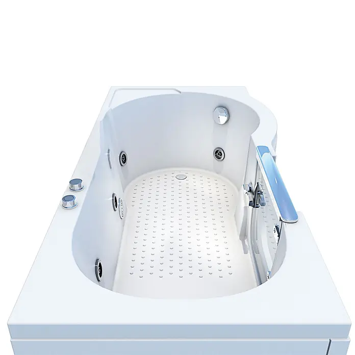 AcquaVapore Badewanne Fertigdusche S12-WP-L - 170 x 85 cm, Acryl, Weiß - Weißer Acryl-Whirlpool mit Chromarmaturen und blauem Haltegriff, rutschfestem Boden für sicheres Baden.