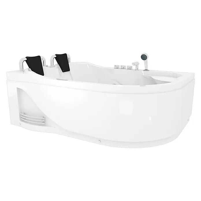 AcquaVapore Badewanne Fertigdusche W23H-TH-R - Acryl, Weiß - Weiße Whirlpool-Badewanne für zwei Personen mit schwarzen Kopfstützen, integrierten Armaturen und Handbrause. Ergonomisches Hydromassage-Design.