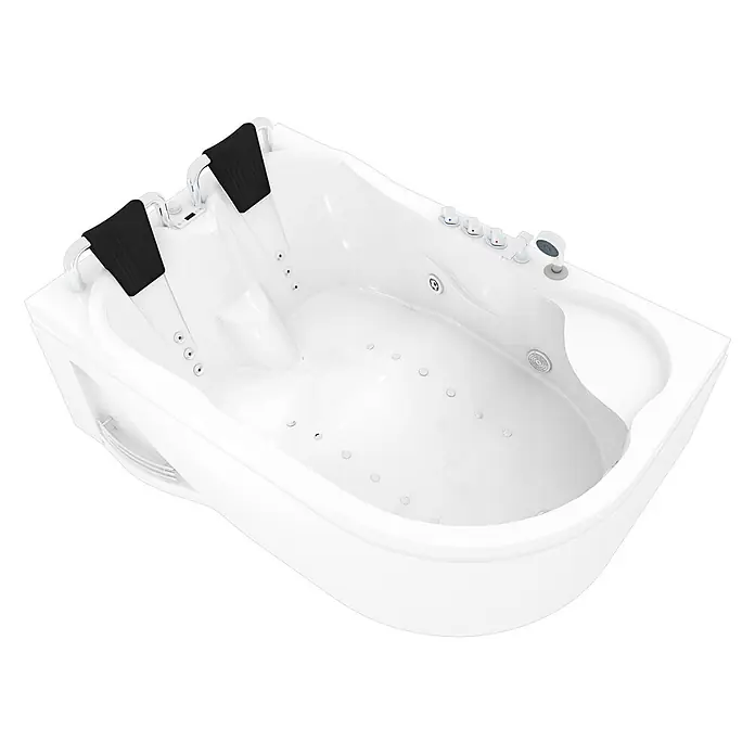 AcquaVapore Badewanne Fertigdusche W23H-TH-R - Acryl, Weiß - Weiße Acryl-Whirlpool-Badewanne für zwei Personen mit schwarzen Kopfstützen, Chromarmaturen und Massagedüsen.