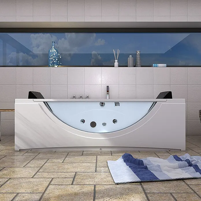AcquaVapore Badewanne Fertigdusche W81R-TH-B-SC - Acryl, Weiß - Eine moderne weiße Badewanne mit klarer Scheibe und Chromarmaturen in einem gefliesten Badezimmer mit Fensterblick.