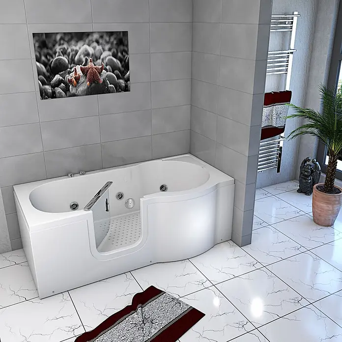 AcquaVapore Badewanne Fertigdusche S12-WP-L - 170 x 85 cm, Acryl, Weiß - Weiße barrierefreie Badewanne mit Tür und Hydrotherapie-Düsen in einem modernen Badezimmer.