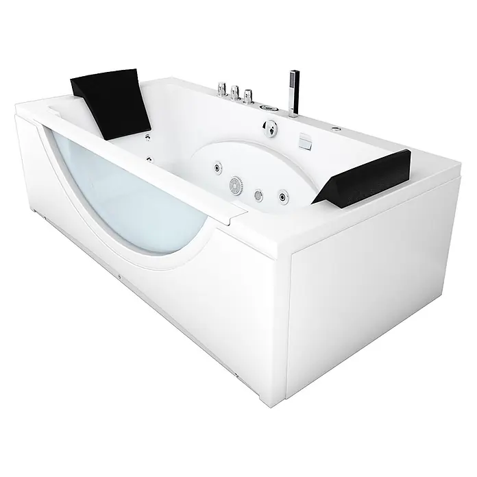 AcquaVapore Badewanne Fertigdusche W81R-TH-B-SC - Acryl, Weiß - Weißer Whirlpool mit Hydromassagedüsen, schwarzen Kopfstützen und Chromarmaturen. Mit klarem Sichtfenster an der Seite.