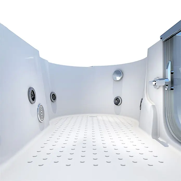 AcquaVapore Badewanne Fertigdusche S12-WP-L - 170 x 85 cm, Acryl, Weiß - Weißer Duschwanneneinsatz mit rutschfestem Boden, Chrom-Massagedüsen und Glastür.