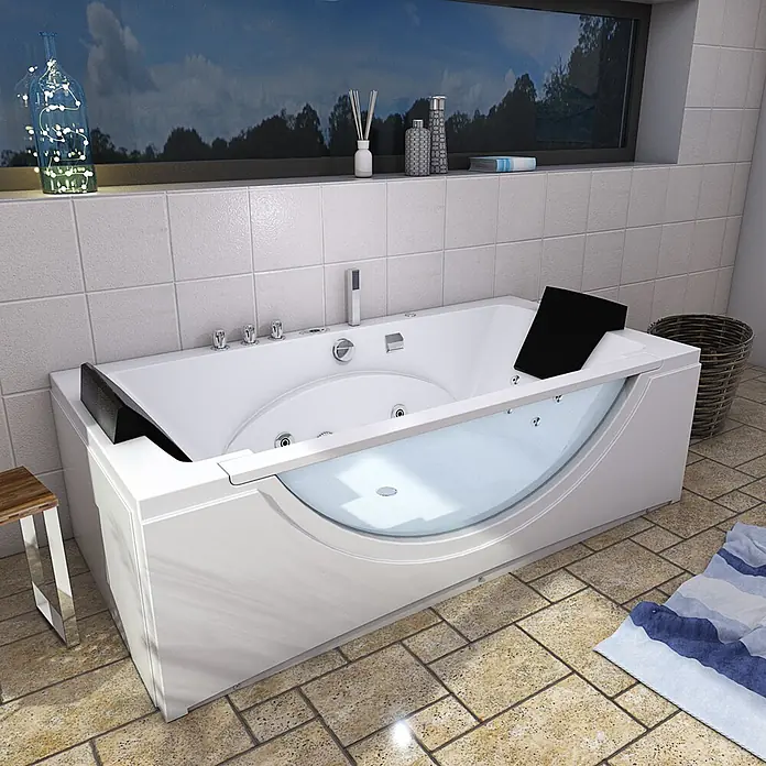 AcquaVapore Badewanne Fertigdusche W81R-TH-B-SC - Acryl, Weiß - Moderne weiße Badewanne mit Glasfront und schwarzen Kopfstützen, Chromarmaturen, in einem zeitgenössischen Badezimmer.