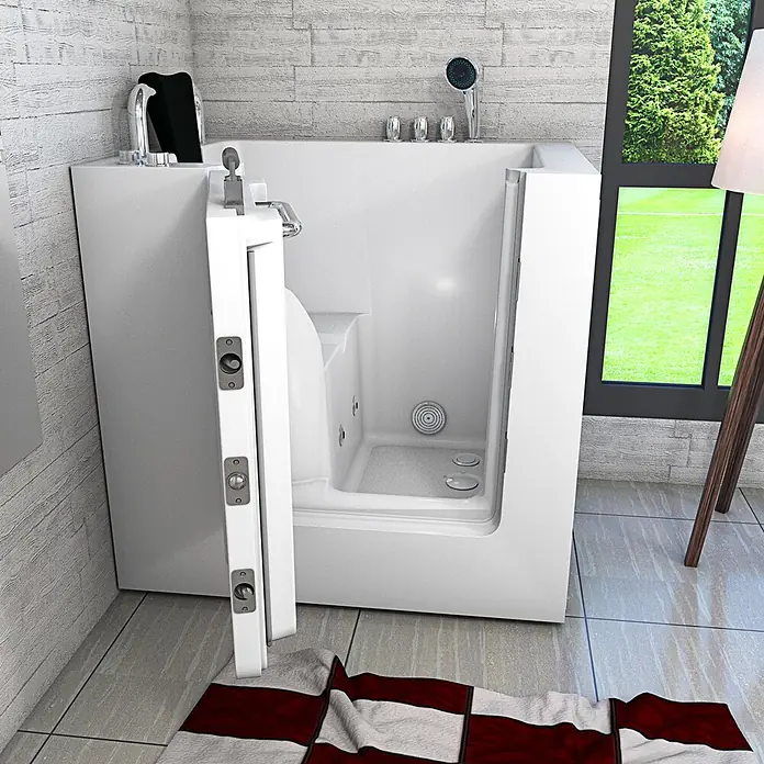AcquaVapore Badewanne Fertigdusche S02WP-TH-A-L - 78 x 100 cm, Acryl, Weiß - Weiße, begehbare Badewanne mit offener Tür, zeigt integrierten Sitz und Armaturen für barrierefreies Baden.