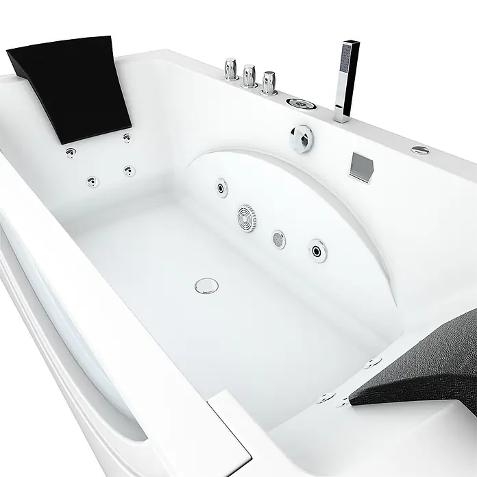 AcquaVapore Badewanne Fertigdusche W81R-TH-C-SC - Acryl, Weiß - Moderne weiße Whirlpool-Badewanne mit zwei schwarzen Kopfstützen, Chrom-Bedienelementen und mehreren Hydro-Massage-Düsen.