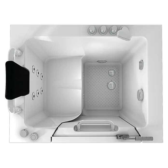 AcquaVapore Badewanne Fertigdusche S02WP-TH-B-L - 78 x 100 cm, Acryl, Weiß - Weiße barrierefreie Badewanne mit schwarzer Kopfstütze, Chromhaltegriffen, Düsen und integrierten Bedienelementen.