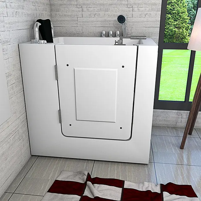 AcquaVapore Badewanne Fertigdusche S02WP-TH-A-L - 78 x 100 cm, Acryl, Weiß - Weiße begehbare Badewanne mit seitlicher Einstiegstür und Chromarmaturen, in einem modernen Badezimmer mit großem Fenster.