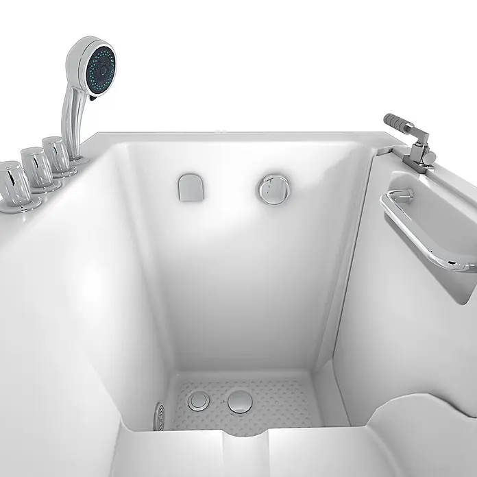 AcquaVapore Badewanne Fertigdusche S02WP-TH-B-L - 78 x 100 cm, Acryl, Weiß - Weißer barrierefreier Einstiegsbadewanne mit Chrom-Handbrause, Bedienelementen, integriertem Haltegriff und rutschfester Bodenstruktur.