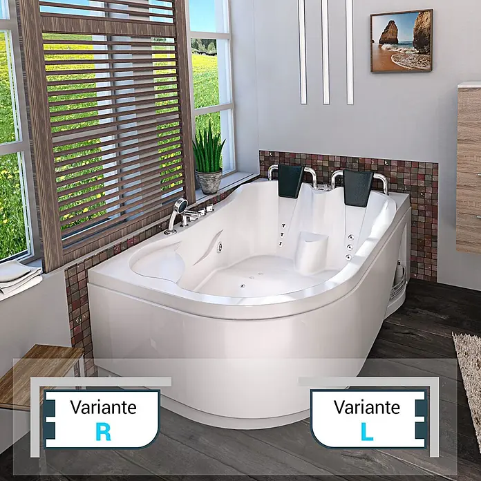 AcquaVapore Badewanne Fertigdusche W23H-TH-L - Acryl, Weiß - Weiße Eck-Whirlpool-Badewanne mit dunklen Kopfstützen in einem modernen Badezimmer.