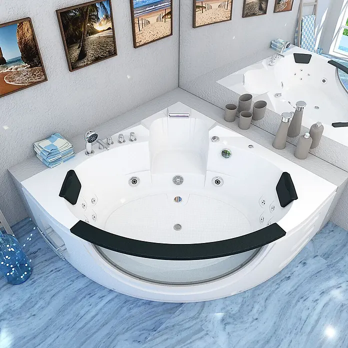 AcquaVapore Badewanne Fertigdusche W06-TH-SC - Acryl, Weiß - Weißer Eck-Jacuzzi mit schwarzen Akzenten und Chromarmaturen, in einem modernen Badezimmer installiert.