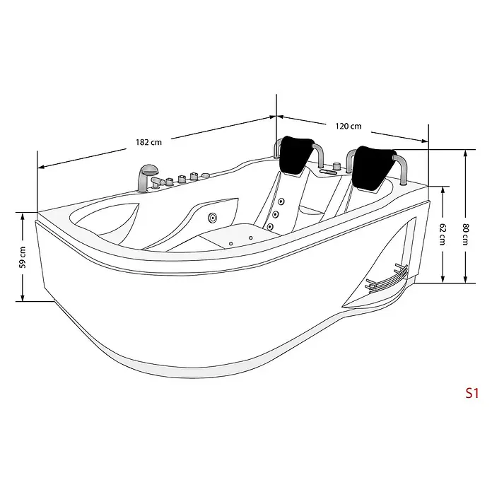 AcquaVapore Badewanne Fertigdusche W23H-L - Acryl, Weiß - Technische Zeichnung einer modernen weißen Doppelbadewanne mit Kopfstützen und Armaturen, inklusive Maße.