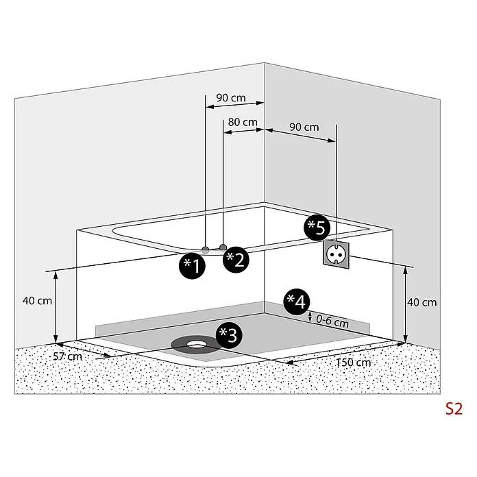 AcquaVapore Badewanne Fertigdusche W23H-L - Acryl, Weiß - Installationsschema einer rechteckigen Duschwanne mit Maßen und Anschlusspunkten.