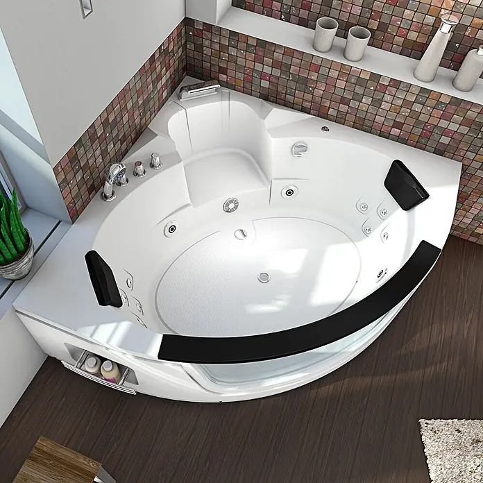 AcquaVapore Badewanne Fertigdusche W05-TH-SC - Acryl, Weiß - Weiße Eck-Whirlpool-Badewanne mit schwarzen Kopfstützen und Zierleisten, in einem Badezimmer.