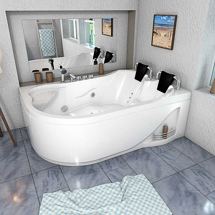 AcquaVapore Badewanne Fertigdusche W23H-TH-L - Acryl, Weiß - Weiße Eck-Jacuzzi-Badewanne mit schwarzen Kopfstützen und Chromarmaturen in einem gefliesten Badezimmer.