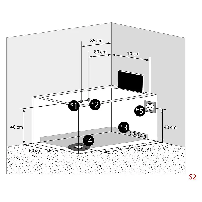 AcquaVapore Badewanne Fertigdusche T18TV-L-TH - Acryl, Weiß - Installationsschema einer flachen Duschwanne (120x60cm) mit Ablauf, Wasseranschlüssen und Steckdose inkl. Maßen.
