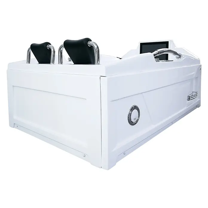 AcquaVapore Badewanne Fertigdusche T18TV-L-TH - Acryl, Weiß - Weißer Hydrotherapie-Whirlpool mit schwarzen Kopfstützen, Chromgriffen und integriertem Bildschirm.