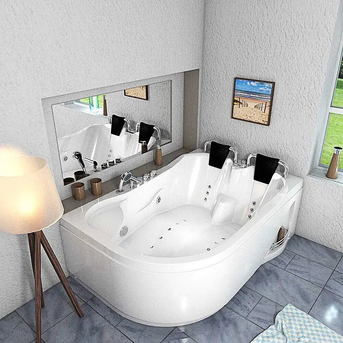 AcquaVapore Badewanne Fertigdusche W23H-TH-L - Acryl, Weiß - Weiße Eck-Jacuzzi-Badewanne mit schwarzen Kopfstützen und Düsen, in einem modernen Badezimmer.