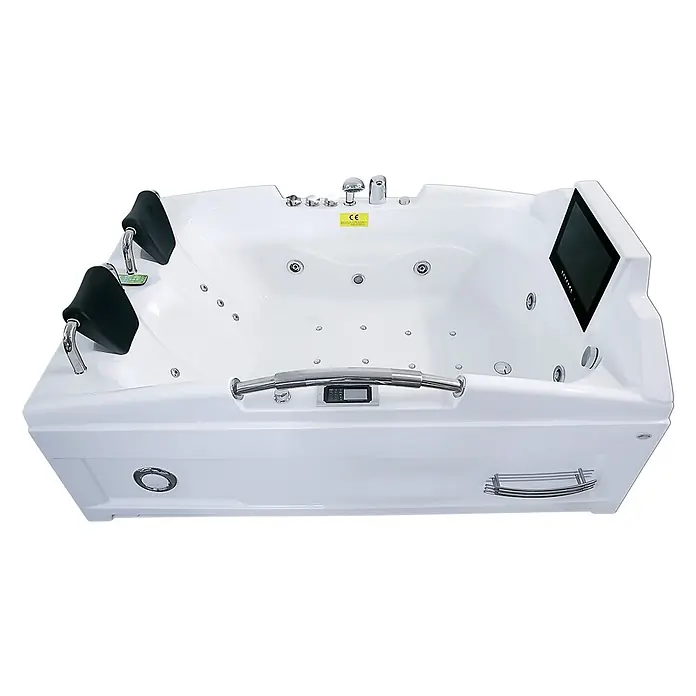 AcquaVapore Badewanne Fertigdusche T18TV-L-TH - Acryl, Weiß - Weiße Acryl-Jacuzzi-Badewanne mit schwarzen Kopfstützen, Chromarmaturen, Düsen, Bedienfeld und integriertem TV-Bildschirm.