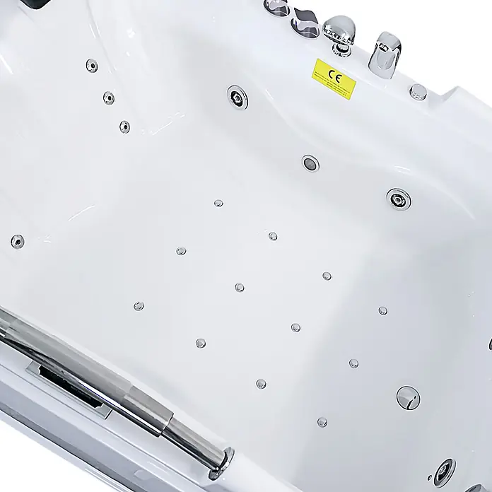 AcquaVapore Badewanne Fertigdusche T18TV-L-TH - Acryl, Weiß - Weiße Whirlpool-Badewanne mit zahlreichen Chromdüsen, Armaturen und Haltegriff.