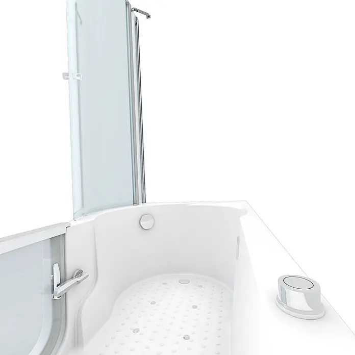 AcquaVapore Badewanne Fertigdusche S12D-AIR-R-EC - 85 x 170 cm, Acryl, Weiß - Weiße Eckbadewanne mit klarer Duschwand, rutschfestem Boden und Bedienfeld.