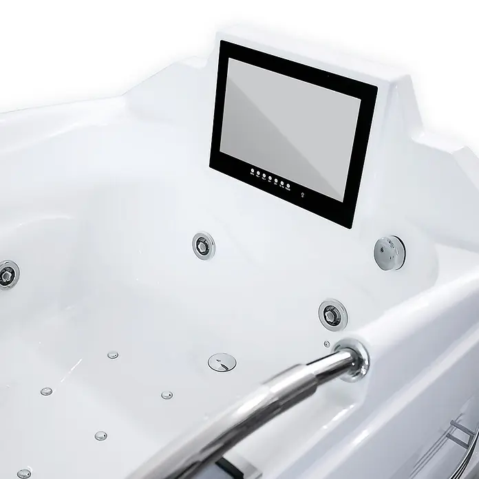 AcquaVapore Badewanne Fertigdusche T18TV-L-TH - Acryl, Weiß - Weißer Whirlpool mit integriertem Bildschirm, Chromdüsen und einem stabilen Haltegriff.