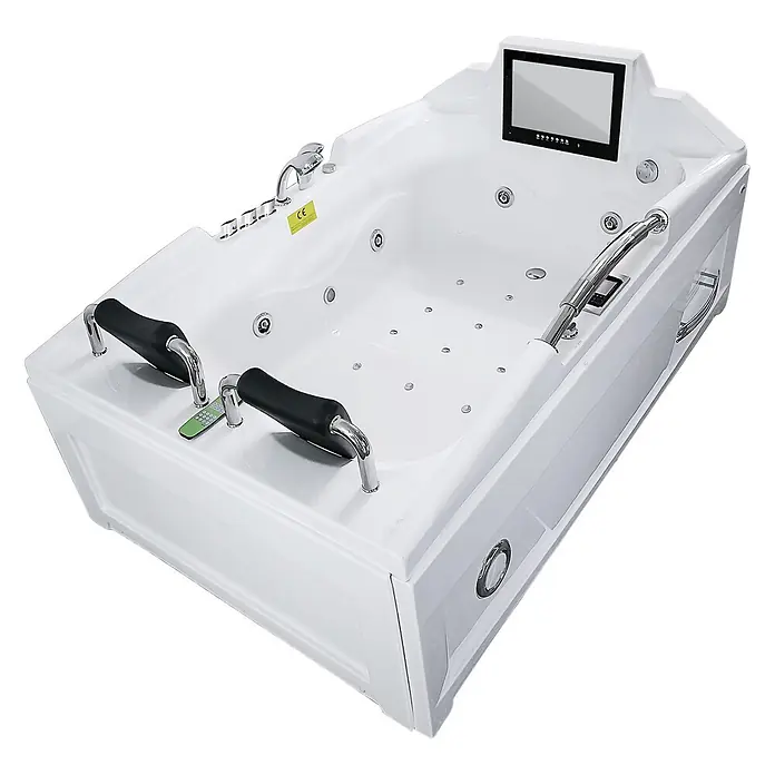AcquaVapore Badewanne Fertigdusche T18TV-L-TH - Acryl, Weiß - Weißer Whirlpool mit integriertem Bildschirm, Chromarmatur, schwarzen Haltegriffen, Düsen und grüner Fernbedienung.