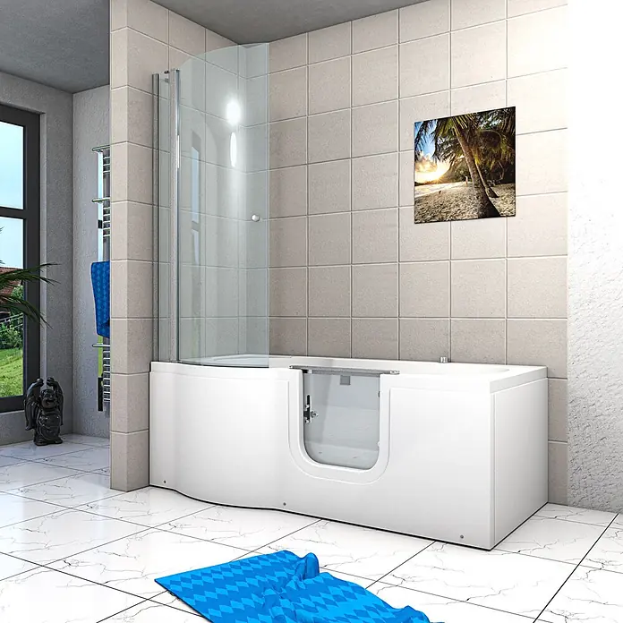 AcquaVapore Badewanne Fertigdusche S12D-AIR-R-EC - 85 x 170 cm, Acryl, Weiß - Weiße Einstiegswanne mit integrierter Duschwand, für barrierefreies Baden.