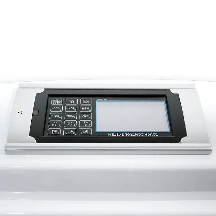 AcquaVapore Badewanne Fertigdusche T18TV-L-TH - Acryl, Weiß - Weiß-silbernes Touch-Kontrollsystem mit schwarzem Bedienfeld und Display, ausgestattet mit verschiedenen Steuertasten.