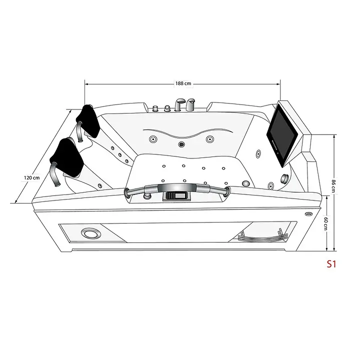 AcquaVapore Badewanne Fertigdusche T18TV-L-TH - Acryl, Weiß - Weißer Eck-Whirlpool mit schwarzen Kopfstützen und Chromarmaturen, mit Maßen für Länge, Breite und Höhe.