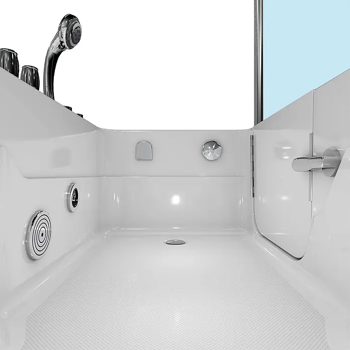AcquaVapore Badewanne Fertigdusche S17D-TH-WP-L-EC - 150 x 75 cm, Acryl, Weiß - Weißes barrierefreies Einstiegsbadewannen-Interieur mit rutschfestem Boden und Chromarmaturen.