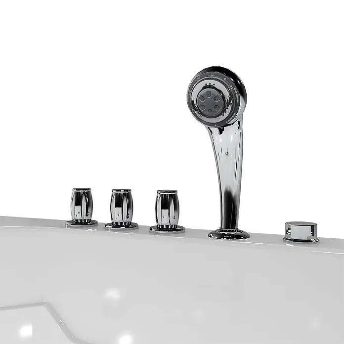 AcquaVapore Badewanne Fertigdusche S17D-TH-WP-L-EC - 150 x 75 cm, Acryl, Weiß - Verchromtes Badewannen-Armaturenset mit Handbrause und mehreren Bedienknöpfen, auf einem weißen Wannenrand montiert.