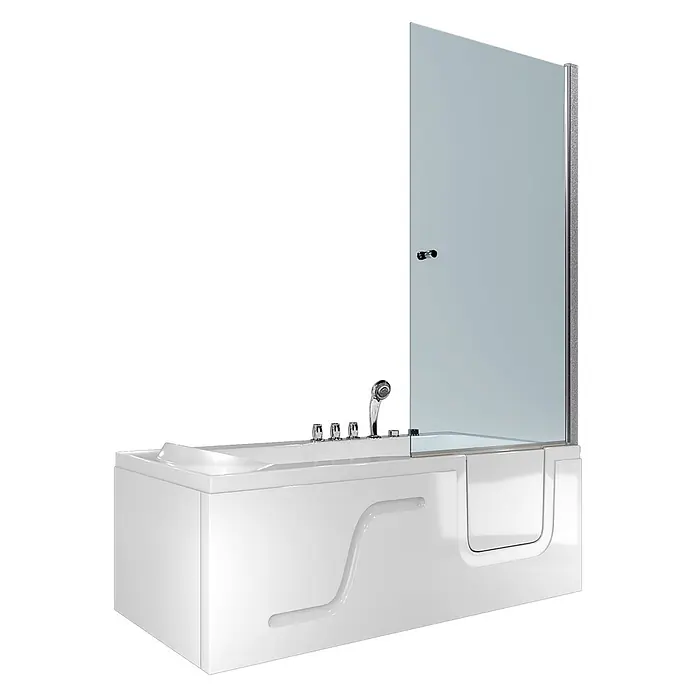 AcquaVapore Badewanne Fertigdusche S17D-TH-WP-L-EC - 150 x 75 cm, Acryl, Weiß - Weiße Acryl-Einstiegsbadewanne mit integrierter Glasduschwand und Chromarmaturen.