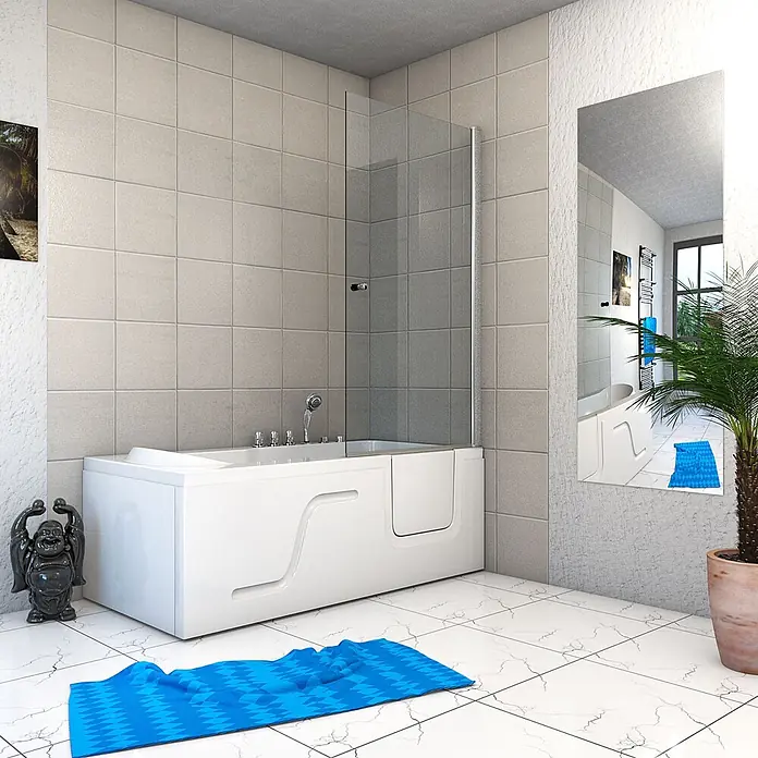 AcquaVapore Badewanne Fertigdusche S17D-TH-WP-L-EC - 150 x 75 cm, Acryl, Weiß - Weiße begehbare Badewanne mit integrierter Glasduschwand in einem modernen Badezimmer.