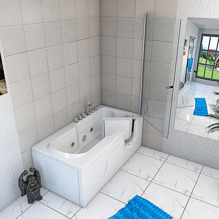 AcquaVapore Badewanne Fertigdusche S17D-TH-WP-L-EC - 150 x 75 cm, Acryl, Weiß - Weiße begehbare Badewanne mit offener Zugangstür, integriertem Duschkopf und Massagedüsen in einem gefliesten Bad.