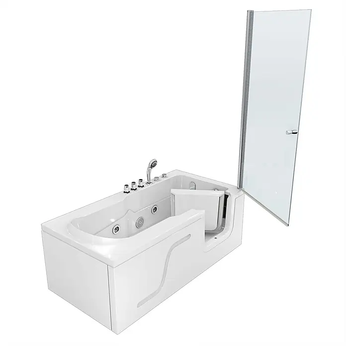 AcquaVapore Badewanne Fertigdusche S17D-TH-WP-L-EC - 150 x 75 cm, Acryl, Weiß - Weiße Walk-in-Badewanne mit Hydromassagedüsen, Handbrause und integrierter Glasduschwand für Barrierefreiheit.