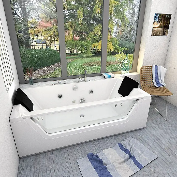AcquaVapore Badewanne Fertigdusche W83-A-SC - Acryl, Weiß - Moderne weiße Badewanne mit Glasfront und schwarzen Kopfstützen an einem großen Fenster mit Gartenblick.