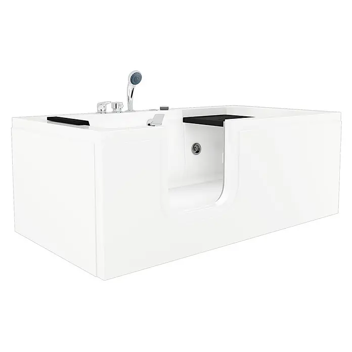 AcquaVapore Badewanne Fertigdusche S15WP-EH-L - Acryl, Weiß - Weiße barrierefreie Badewanne mit Chromarmaturen und schwarzem Sitz.