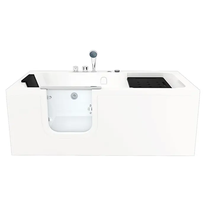 AcquaVapore Badewanne Fertigdusche S15WP-EH-L - Acryl, Weiß - Weiße begehbare Badewanne mit Seitentür, Handbrause, integrierten Bedienelementen und schwarzen strukturierten Accessoires.